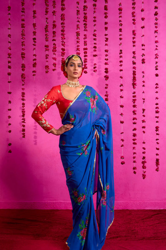 Blue Georgette Silk Saree
