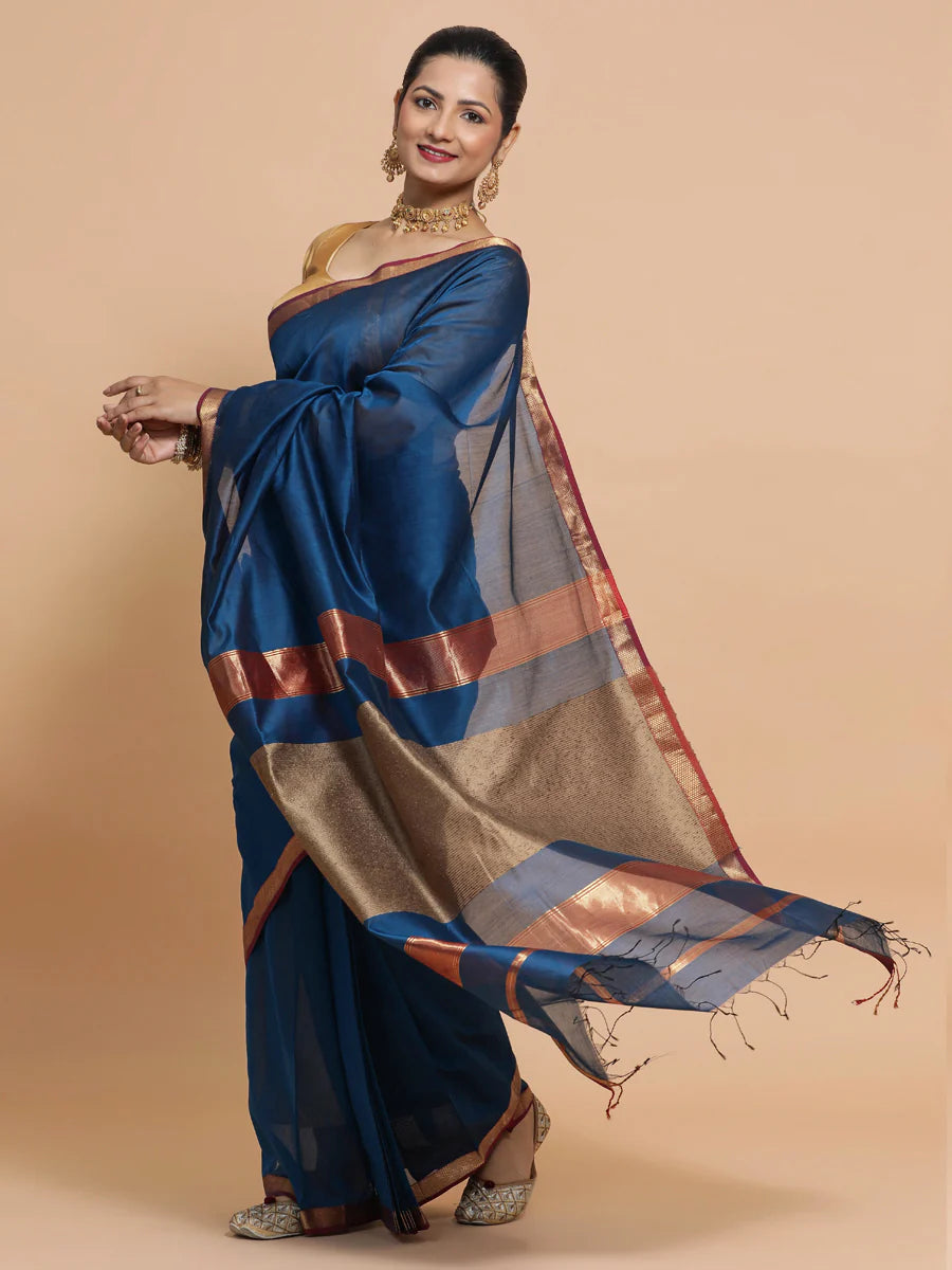 Blue Maheshwari Cotton Silk Kosa Pallu Saree