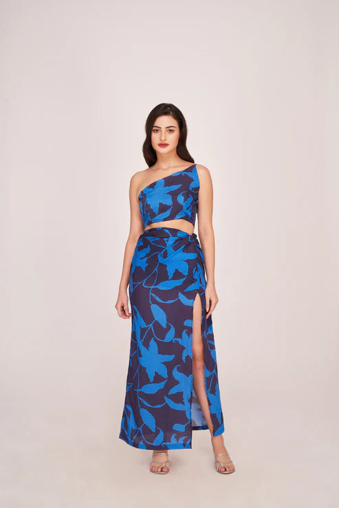 Blue One Shoulder Top and Skirt Co-Ord Set