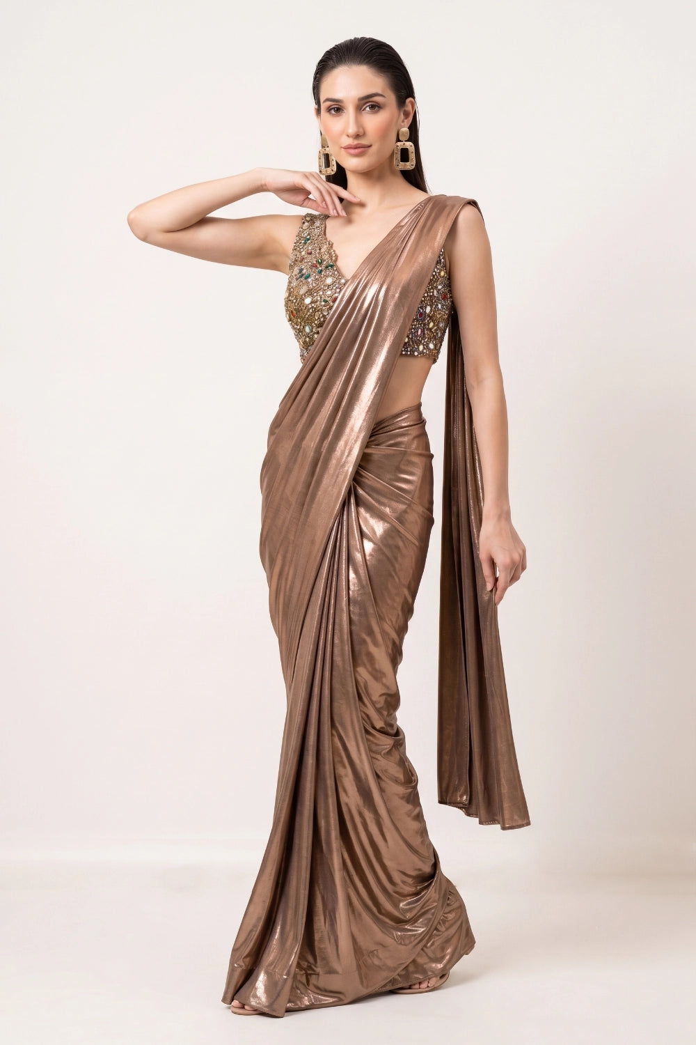 Bronze Embellished Jewel Pre-Draped Saree Set