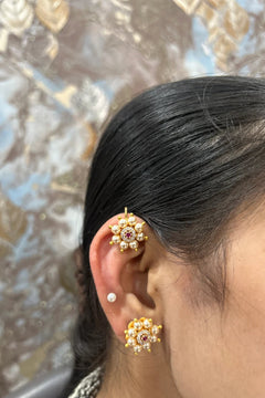 CZ Crescent Moon Bugdi Earrings with Pearl Drops Traditional Maharashtrian Ear Cuff