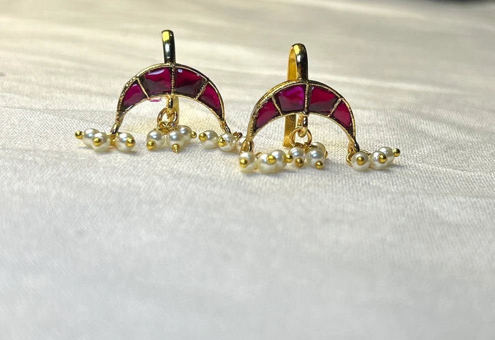 CZ Crescent Moon Bugdi Earrings with Pearl Drops Traditional Maharashtrian Ear Cuff