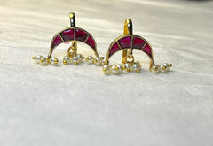 CZ Crescent Moon Bugdi Earrings with Pearl Drops Traditional Maharashtrian Ear Cuff