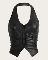 Button Front Backless Halter Black Corset Top