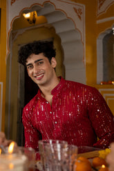 Pink Georgette Sequin Embroidered Festival Mens Kurta