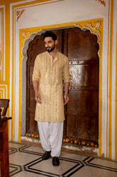 Pastel Yellow Georgette Sequin Mens Kurta