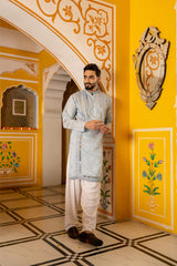 Pastel Blue Mirror Work Festive Mens Kurta