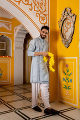 Pastel Blue Mirror Work Festive Mens Kurta