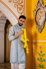 Pastel Blue Mirror Work Festive Mens Kurta