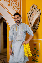 Pastel Blue Mirror Work Festive Mens Kurta