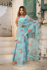Chaand Blue and Red Organza Saree