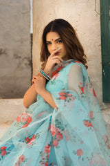 Chaand Blue and Red Organza Saree