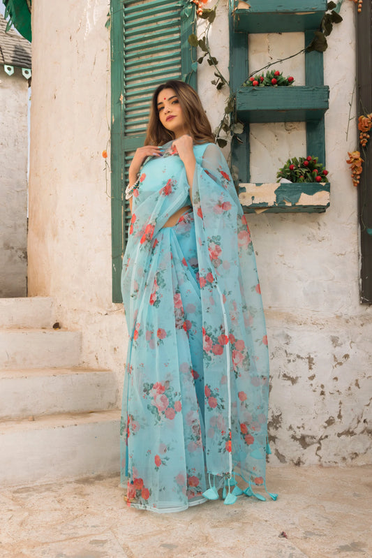 Chaand Blue and Red Organza Saree