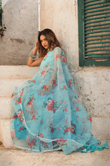 Chaand Blue and Red Organza Saree