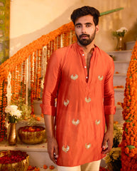 Chanderi Orange Embroidered Kurta