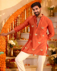 Chanderi Orange Embroidered Kurta