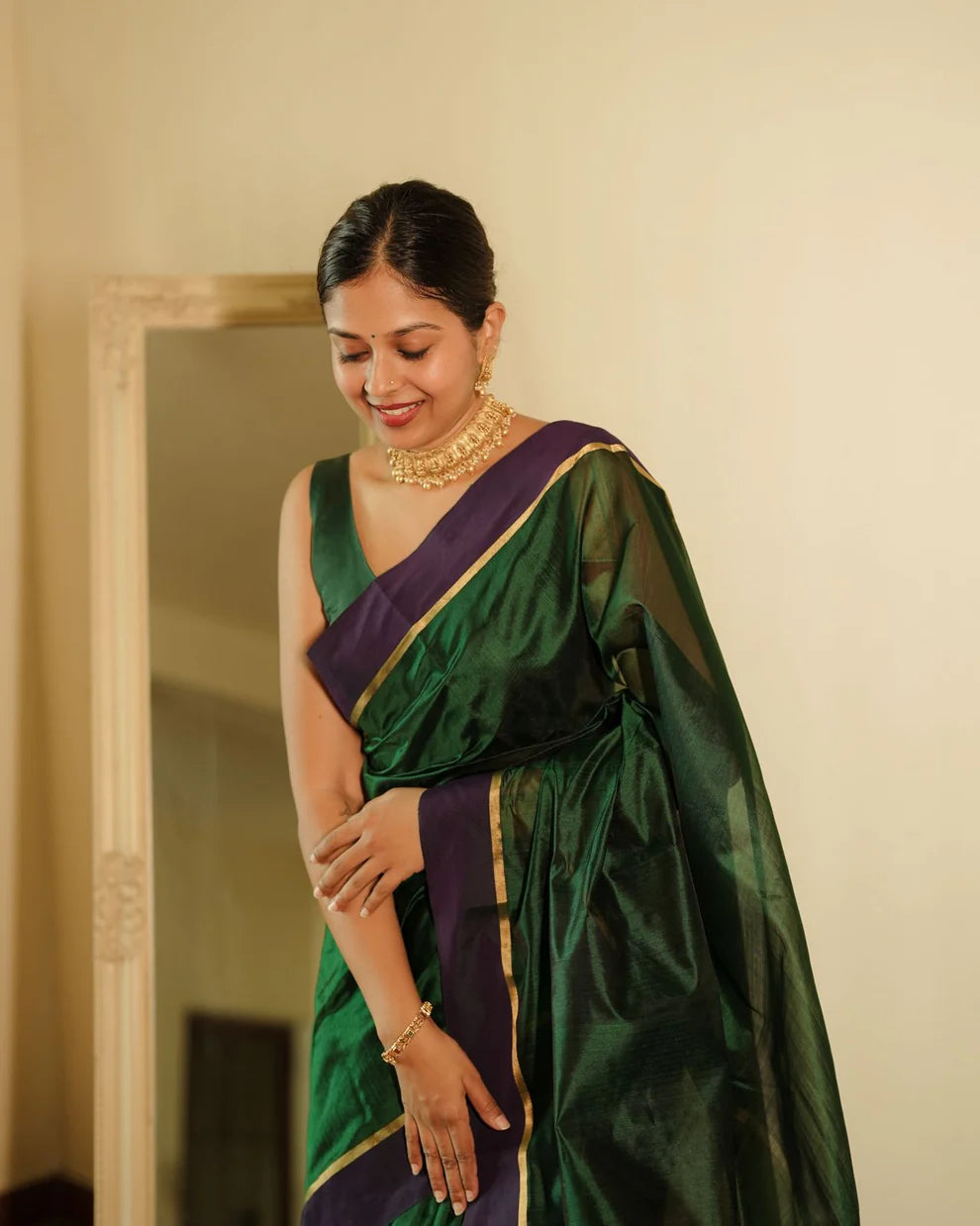 Chanderi Pattu silk saree with zari bootis all over