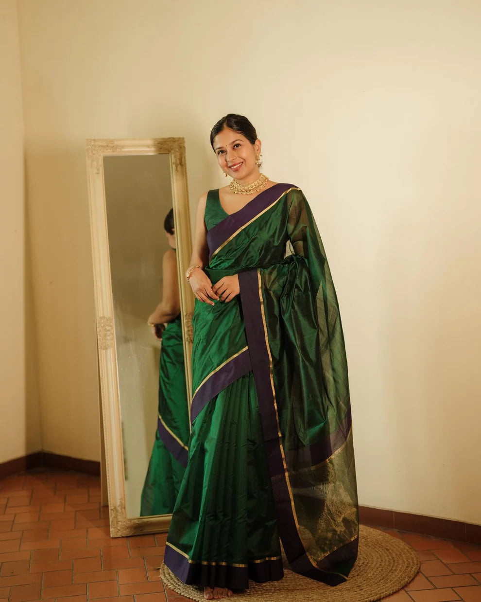 Chanderi Pattu silk saree with zari bootis all over