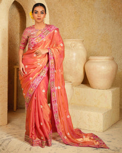 Coral Charisma Saree With Raspberry Romance Blouse