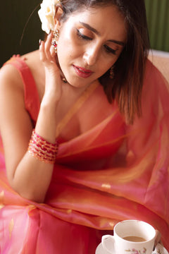 Coral Pink Dual Tone Chanderi Organza Silk Saree with Jhumka Zari Motifs
