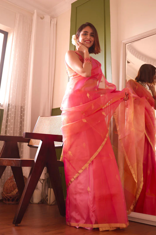 Coral Pink Dual Tone Chanderi Organza Silk Saree with Jhumka Zari Motifs