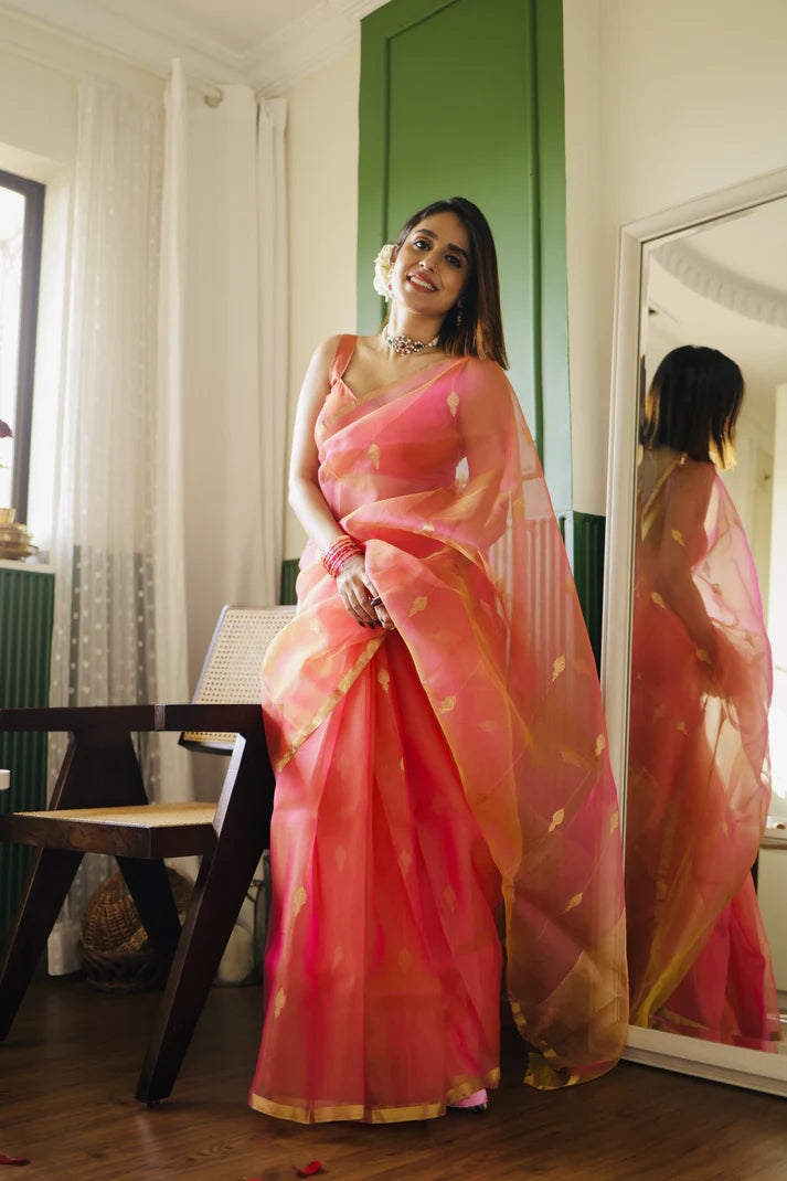 Coral Pink Dual Tone Chanderi Organza Silk Saree with Jhumka Zari Motifs