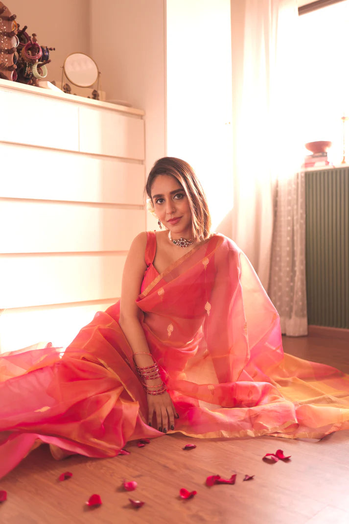 Coral Pink Dual Tone Chanderi Organza Silk Saree with Jhumka Zari Motifs