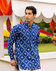 Cotton Blue Bandhani Printed Kurta Mens