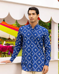 Cotton Blue Bandhani Printed Kurta Mens