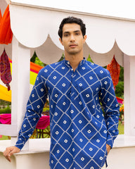 Cotton Blue Bandhani Printed Kurta Mens