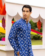 Cotton Blue Bandhani Printed Kurta Mens
