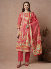 Cotton Red Floral Embroidered Kurta Set