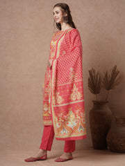 Cotton Red Floral Embroidered Kurta Set