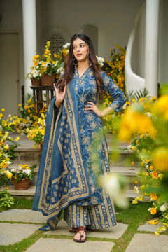 Cotton Blue Printed Kurta Dupatta Set