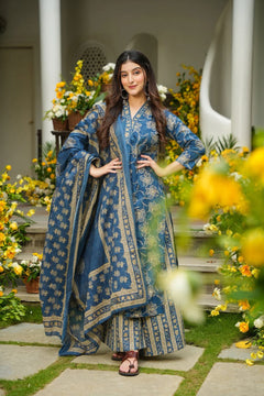 Cotton Blue Printed Kurta Dupatta Set