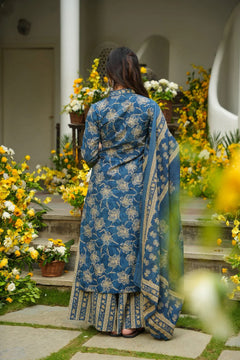 Cotton Blue Printed Kurta Dupatta Set