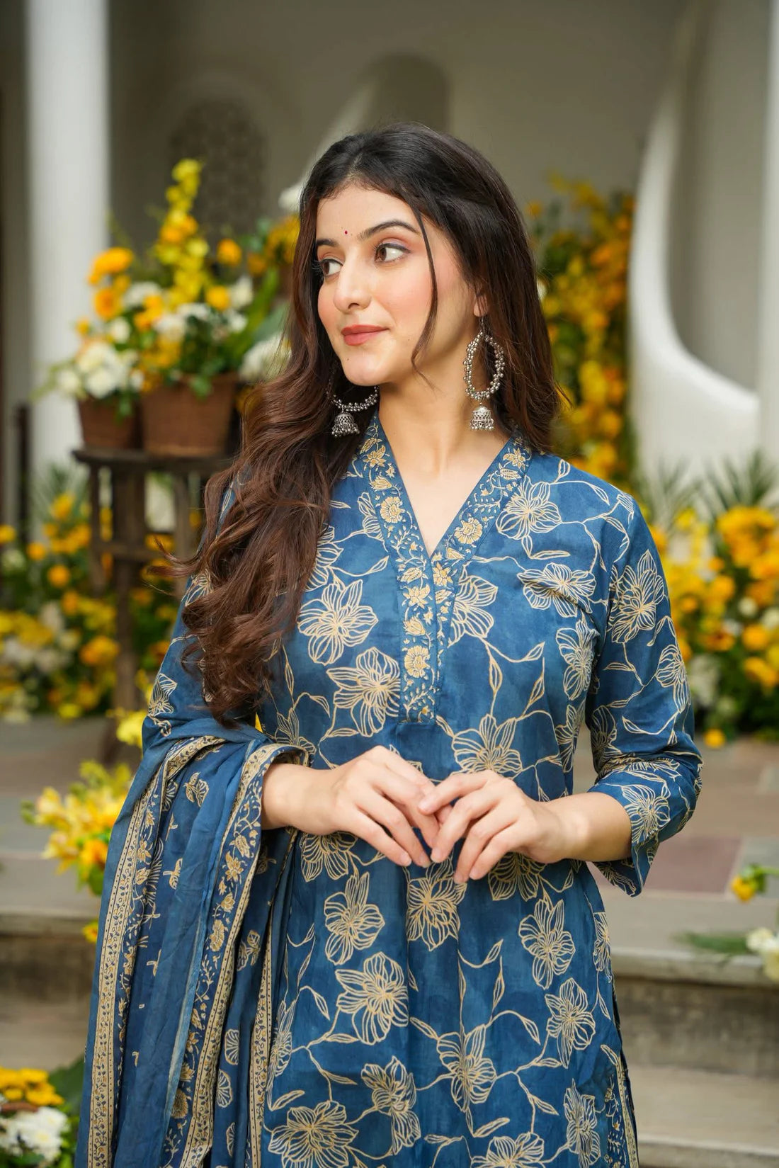 Cotton Blue Printed Kurta Dupatta Set