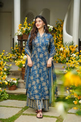 Cotton Blue Printed Kurta Dupatta Set
