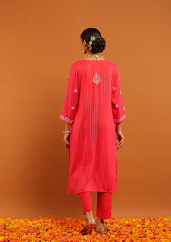 Cotton Lurex Red Chikankari Long Kurta