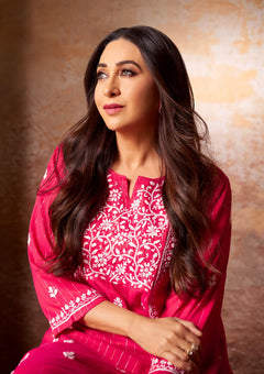 Cotton Lurex Red Chikankari Long Kurta