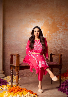 Cotton Lurex Red Chikankari Long Kurta