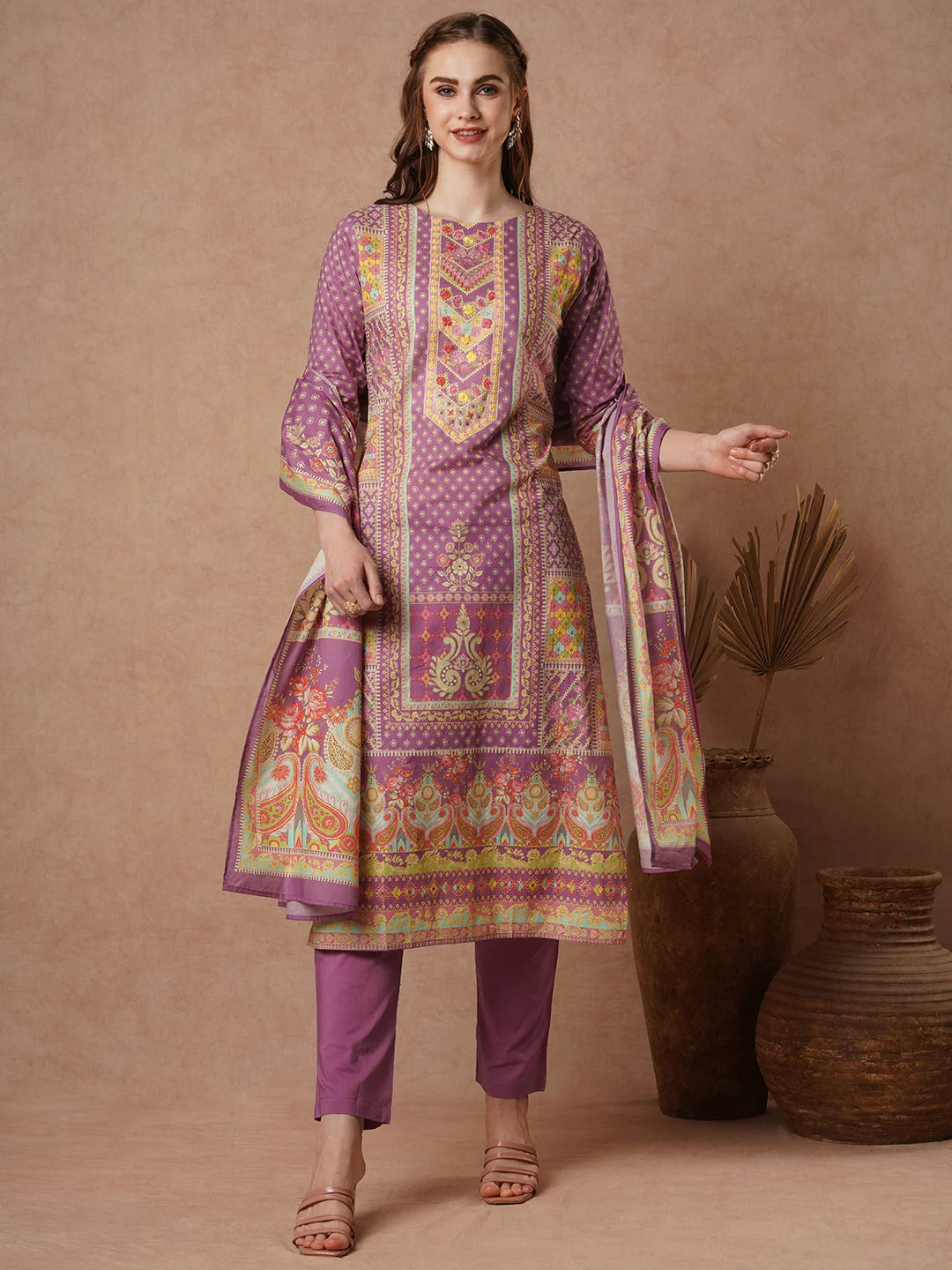Cotton Red Floral Embroidered Kurta Set