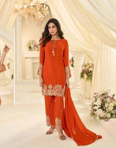 Latest Trendy Pakistani Style Rose Gold Beads Work Embroidered Top With Beads Embroidered Pant And Dupatta