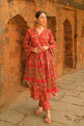 Vibrant Red Kalamkari Cotton Suit Set