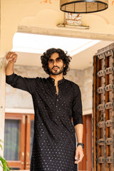 Jet Black Cotton Chikan Mirror Kurta