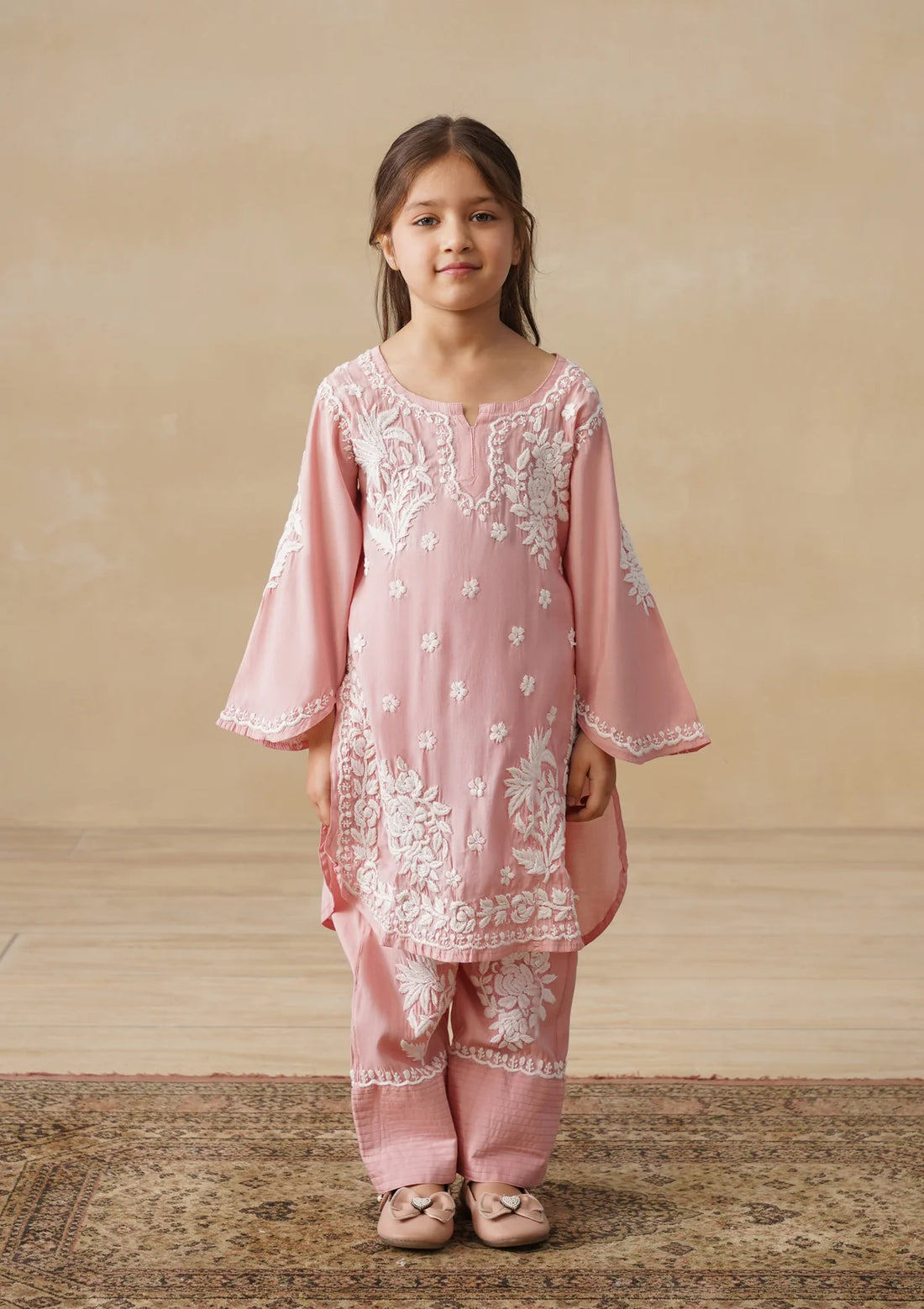 Chikankari Solid Girls 2 PC Long Kurta Set - Dust pink Kidswear Set