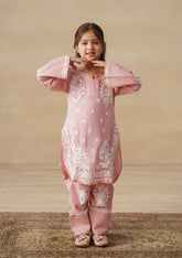 Chikankari Solid Girls 2 PC Long Kurta Set - Dust pink Kidswear Set