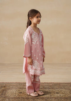 Chikankari Solid Girls 2 PC Long Kurta Set - Dust pink Kidswear Set