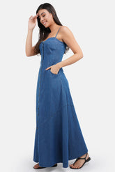 Blue Cotton Blend Denim Button Dress