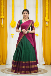 Padmaja Bottle Green and Dark Pink Cotton Half Saree